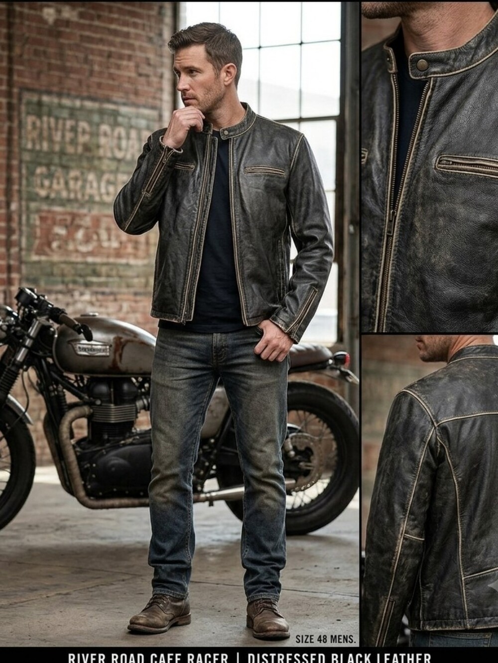River Road Jacket Mens 48 Black Distressed Leather Motorcycle Cafe Racer - Picture 15 of 15